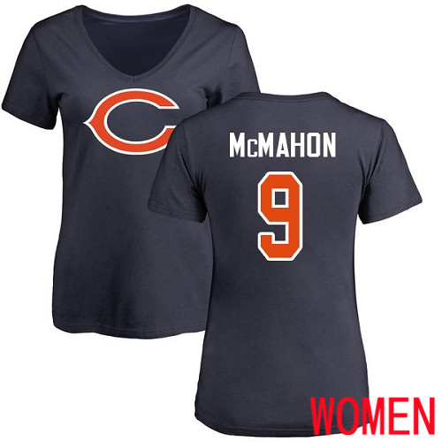 Chicago Bears Navy Blue Women Jim McMahon Name and Number Logo NFL Football #9 T Shirt->women nfl jersey->Women Jersey